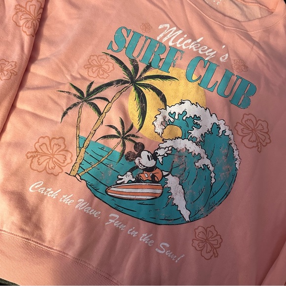 NWT Disney Mickey's Surf Club Pink Surfer Fleece Crewneck Sweatshirt - Picture 2 of 5